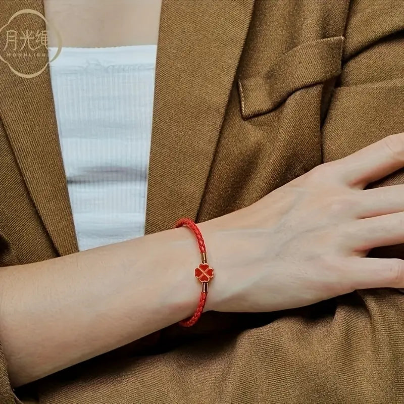 Lucky Red String Bracelet – Four-Leaf Clover